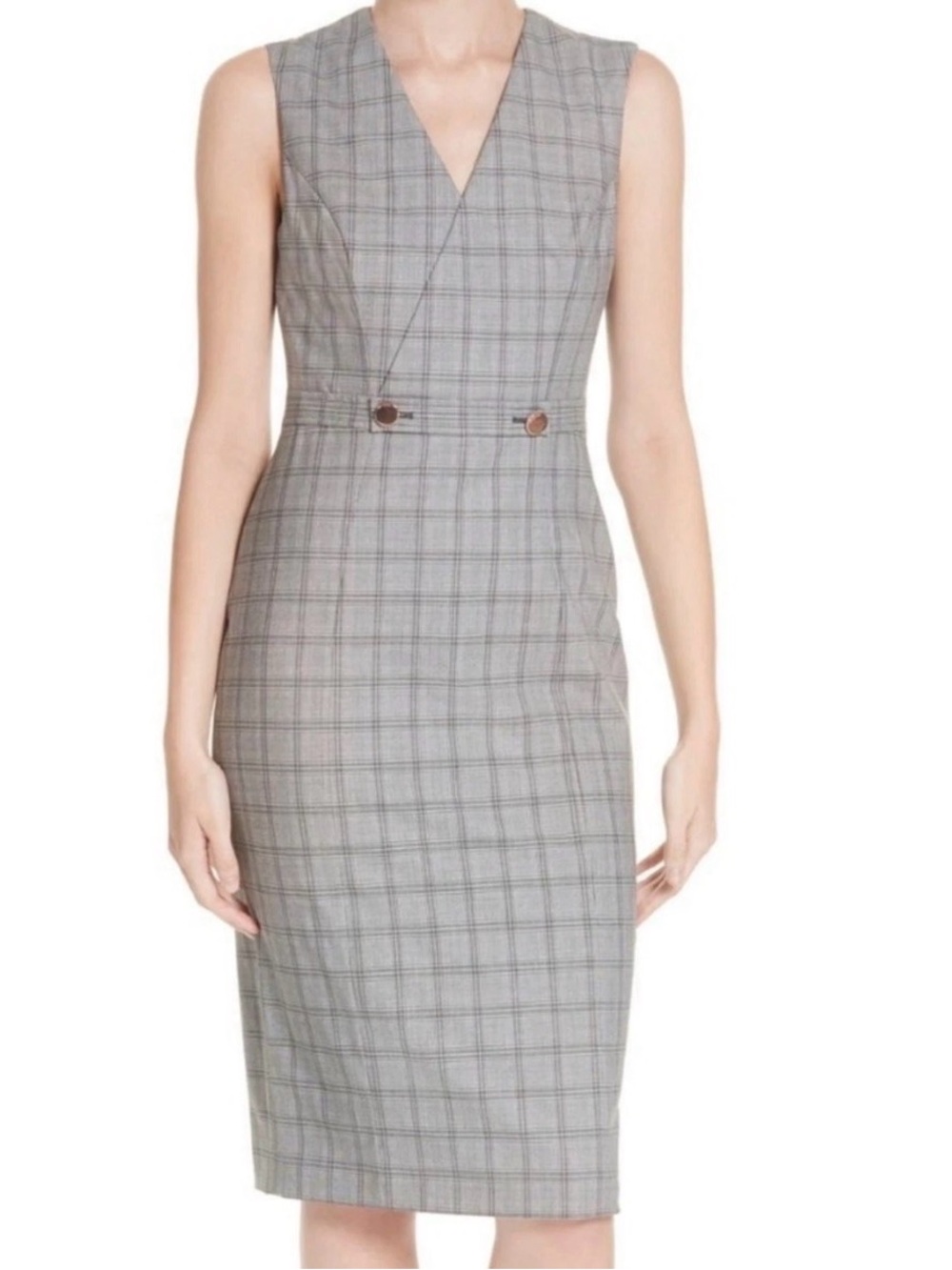 Sleeveless Gray Plaid V-Neck Sheath Dress